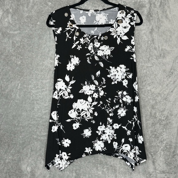 Karen Kane  XL Shirt Top Black Floral Flower Sleeveless Scoop Neck Stretch - Picture 1 of 4